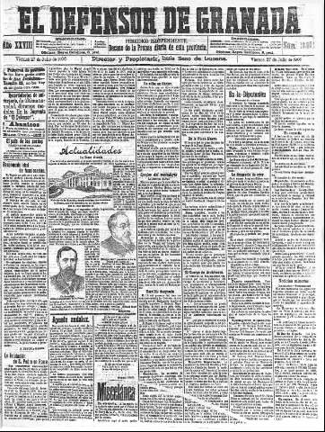 'El Defensor de Granada  : diario político independiente' - Año XXVIII Número 13954  - 1906 Julio 27