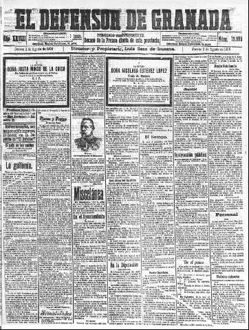 'El Defensor de Granada  : diario político independiente' - Año XXVIII Número 13959  - 1906 Agosto 02