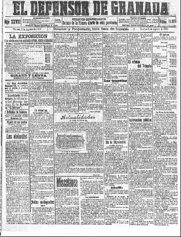 'El Defensor de Granada  : diario político independiente' - Año XXVIII Número 13960  - 1906 Agosto 03