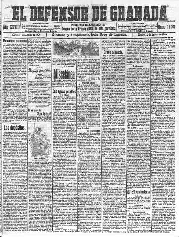 'El Defensor de Granada  : diario político independiente' - Año XXVIII Número 13969  - 1906 Agosto 14