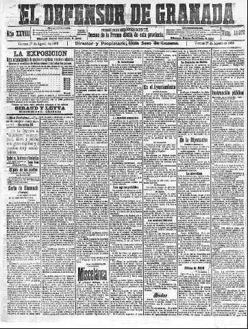 'El Defensor de Granada  : diario político independiente' - Año XXVIII Número 13972  - 1906 Agosto 17