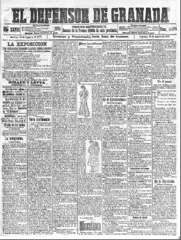 'El Defensor de Granada  : diario político independiente' - Año XXVIII Número 13974  - 1906 Agosto 19