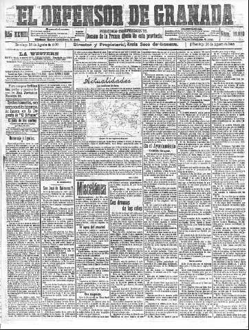'El Defensor de Granada  : diario político independiente' - Año XXVIII Número 13980  - 1906 Agosto 26