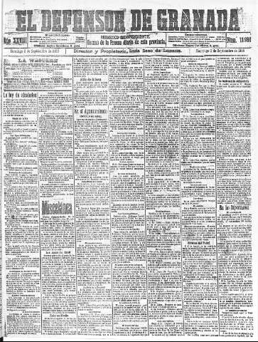 'El Defensor de Granada  : diario político independiente' - Año XXVIII Número 13986  - 1906 Septiembre 02