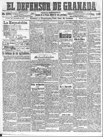 'El Defensor de Granada  : diario político independiente' - Año XXVIII Número 13990  - 1906 Septiembre 07