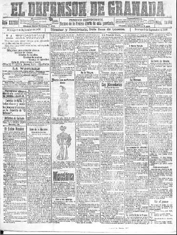 'El Defensor de Granada  : diario político independiente' - Año XXVIII Número 13992  - 1906 Septiembre 09