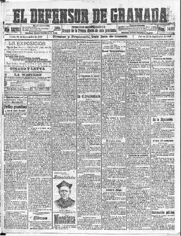 'El Defensor de Granada  : diario político independiente' - Año XXVIII Número 14001  - 1906 Septiembre 20