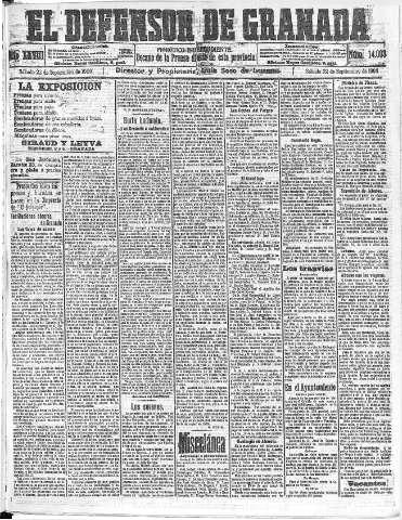 'El Defensor de Granada  : diario político independiente' - Año XXVIII Número 14003  - 1906 Septiembre 22