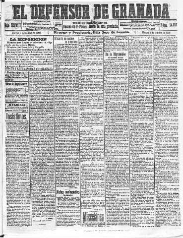'El Defensor de Granada  : diario político independiente' - Año XXVIII Número 14017  - 1906 Octubre 09