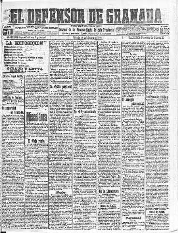 'El Defensor de Granada  : diario político independiente' - Año XXVIII Número 14032  - 1906 Octubre 27
