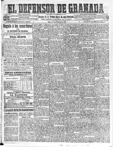 'El Defensor de Granada  : diario político independiente' - Año XXVIII Número 14058  - 1906 Noviembre 27