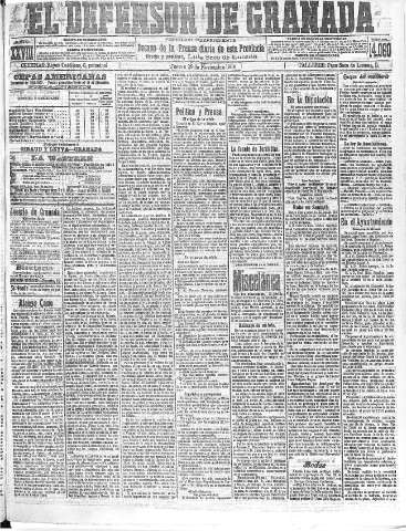 'El Defensor de Granada  : diario político independiente' - Año XXVIII Número 14060  - 1906 Noviembre 29