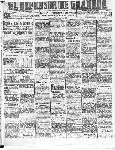 'El Defensor de Granada  : diario político independiente' - Año XXVIII Número 14078  - 1906 Diciembre 20