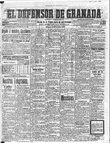 'El Defensor de Granada  : diario político independiente' - Año XXVIII Número 14083  - 1906 Diciembre 26