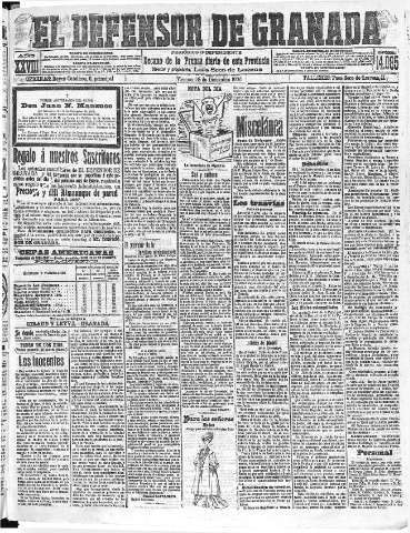 'El Defensor de Granada  : diario político independiente' - Año XXVIII Número 14085  - 1906 Diciembre 28