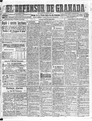 'El Defensor de Granada  : diario político independiente' - Año XXVIII Número 14087  - 1906 Diciembre 30