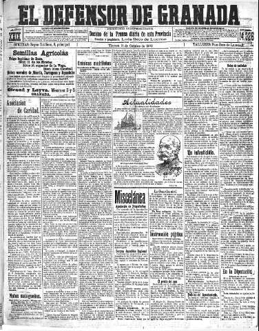 'El Defensor de Granada  : diario político independiente' - Año XXIX Número 14326  - 1907 Octubre 18