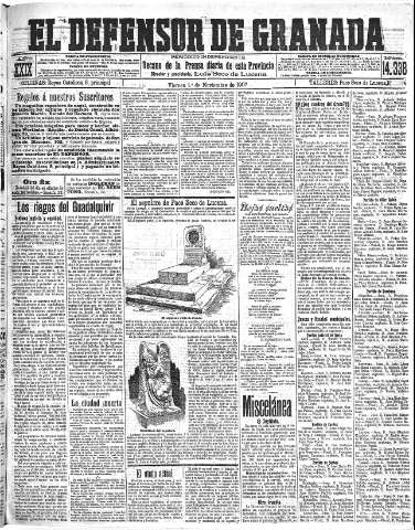 'El Defensor de Granada  : diario político independiente' - Año XXIX Número 14338  - 1907 Noviembre 01