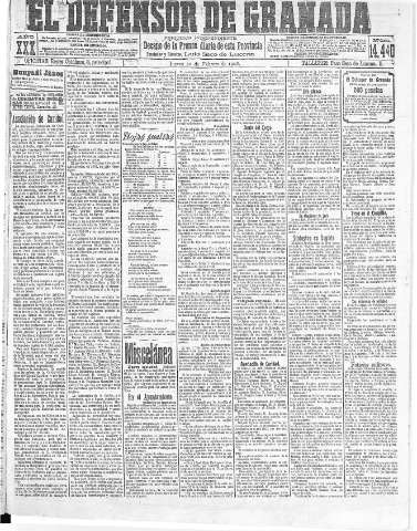 'El Defensor de Granada  : diario político independiente' - Año XXX Número 14440  - 1908 Febrero 20