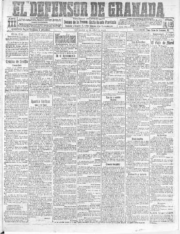'El Defensor de Granada  : diario político independiente' - Año XXX Número 14495  - 1908 Abril 15