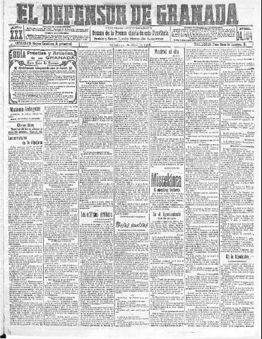 'El Defensor de Granada  : diario político independiente' - Año XXX Número 14504  - 1908 Abril 25