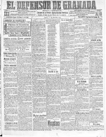 'El Defensor de Granada  : diario político independiente' - Año XXX Número 14508  - 1908 Abril 30