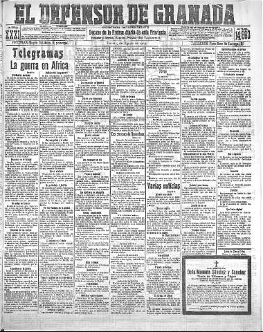 'El Defensor de Granada  : diario político independiente' - Año XXXI Número 14863  - 1909 Agosto 09