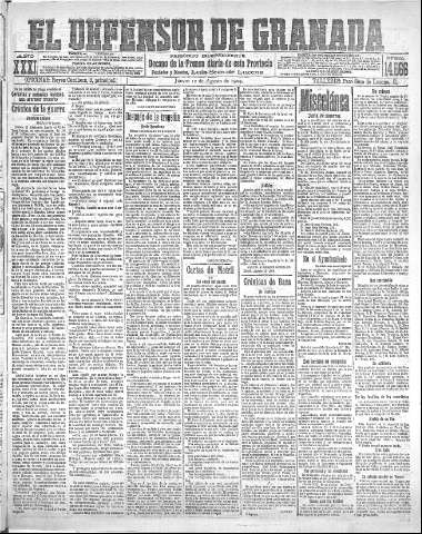 'El Defensor de Granada  : diario político independiente' - Año XXXI Número 14866  - 1909 Agosto 12