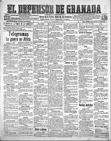 'El Defensor de Granada  : diario político independiente' - Año XXXI Número 14905  - 1909 Septiembre 20