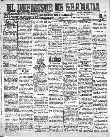 'El Defensor de Granada  : diario político independiente' - Año XXXI Número 14992  - 1909 Diciembre 14