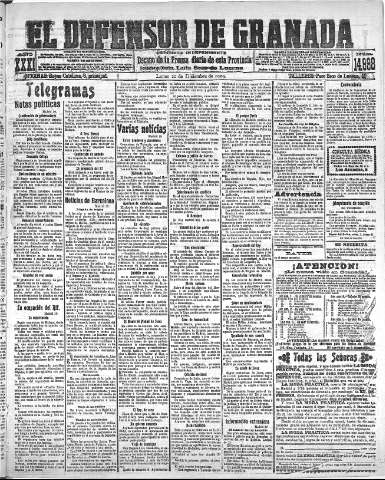 'El Defensor de Granada  : diario político independiente' - Año XXXI Número 14998  - 1909 Diciembre 20