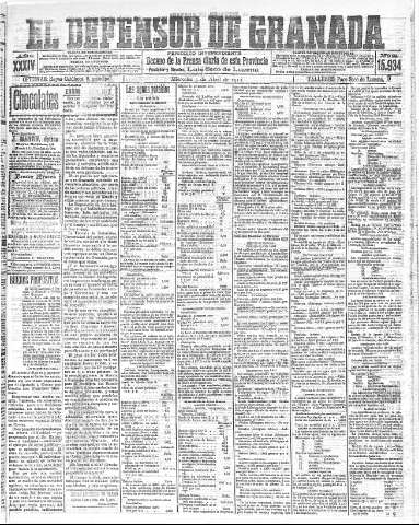 'El Defensor de Granada  : diario político independiente' - Año XXXIV Número 15934  - 1912 Abril 03