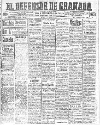 'El Defensor de Granada  : diario político independiente' - Año XXXIV Número 15936  - 1912 Abril 06