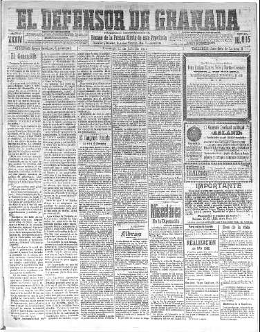 'El Defensor de Granada  : diario político independiente' - Año XXXIV Número 16015  - 1912 Julio 14