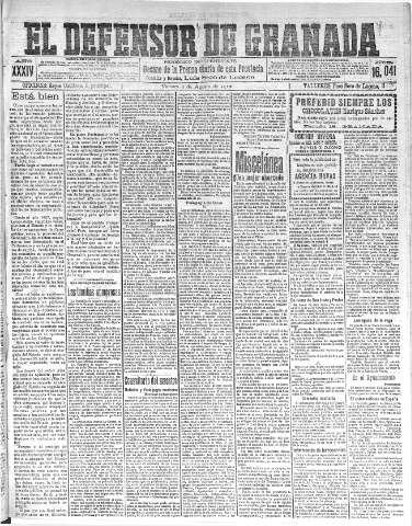 'El Defensor de Granada  : diario político independiente' - Año XXXIV Número 16041  - 1912 Agosto 09