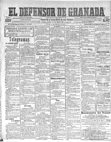 'El Defensor de Granada  : diario político independiente' - Año XXXIV Número 16042  - 1912 Agosto 19