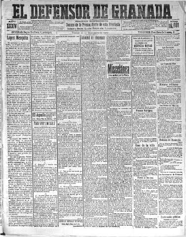 'El Defensor de Granada  : diario político independiente' - Año XXXIV Número 16081  - 1912 Septiembre 27