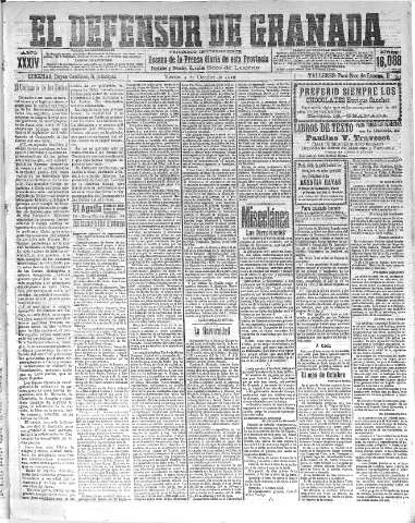 'El Defensor de Granada  : diario político independiente' - Año XXXIV Número 16088  - 1912 Octubre 04