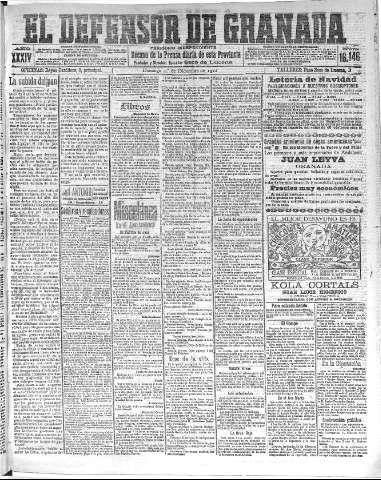'El Defensor de Granada  : diario político independiente' - Año XXXIV Número 16146  - 1912 Diciembre 01