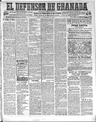 'El Defensor de Granada  : diario político independiente' - Año XXXIV Número 16148  - 1912 Diciembre 03