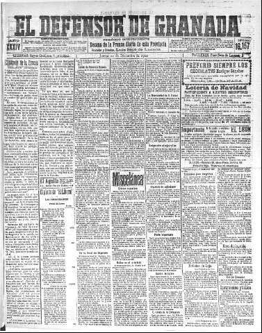 'El Defensor de Granada  : diario político independiente' - Año XXXIV Número 16157  - 1912 Diciembre 12