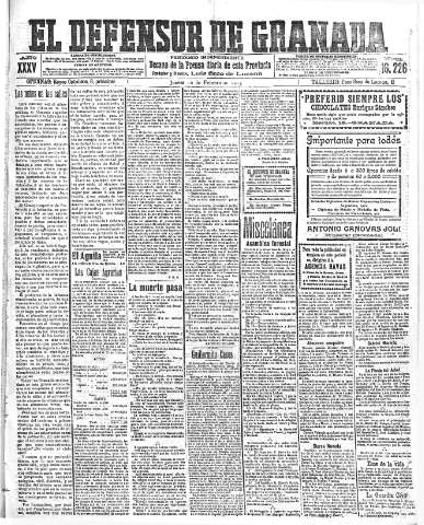 'El Defensor de Granada  : diario político independiente' - Año XXXV Número 16226  - 1913 Febrero 20