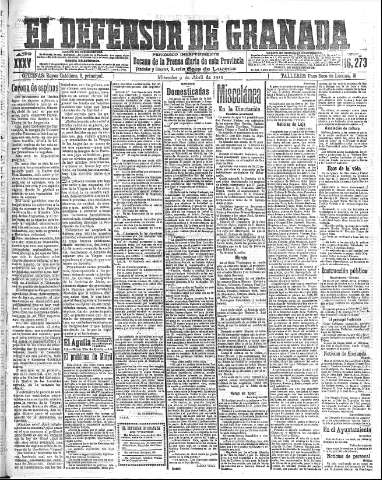 'El Defensor de Granada  : diario político independiente' - Año XXXV Número 16273  - 1913 Abril 09