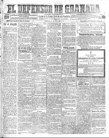 'El Defensor de Granada  : diario político independiente' - Año XXXV Número 16280  - 1913 Abril 16