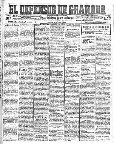 'El Defensor de Granada  : diario político independiente' - Año XXXV Número 16327  - 1913 Junio 04