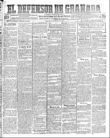 'El Defensor de Granada  : diario político independiente' - Año XXXV Número 16331  - 1913 Junio 08