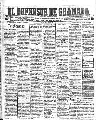 'El Defensor de Granada  : diario político independiente' - Año XXXV Número 16332  - 1913 Junio 09