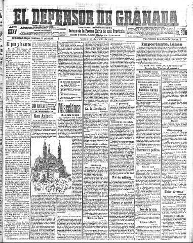 'El Defensor de Granada  : diario político independiente' - Año XXXV Número 16336  - 1913 Junio 13