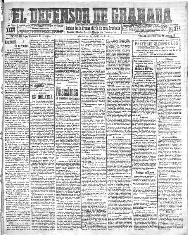 'El Defensor de Granada  : diario político independiente' - Año XXXV Número 16375  - 1913 Julio 22