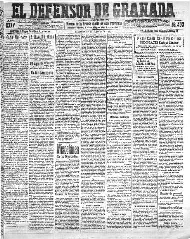 'El Defensor de Granada  : diario político independiente' - Año XXXV Número 16403  - 1913 Agosto 20